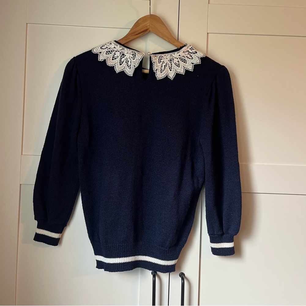 Vintage Navy Blue Sweater with Lace Collar - Picture 3 of 6